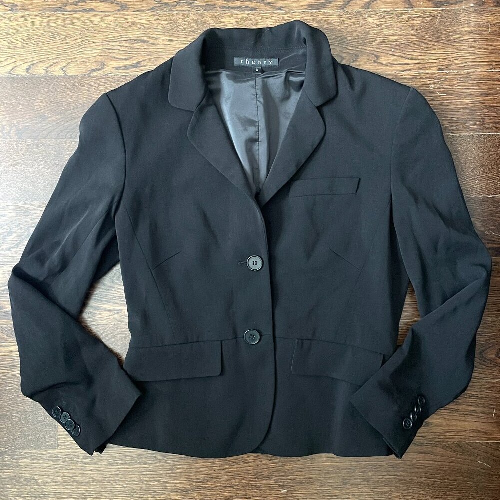 Theory Black Abera 2 Button Crop Wool/Silk Blazer Jacket-Size 6